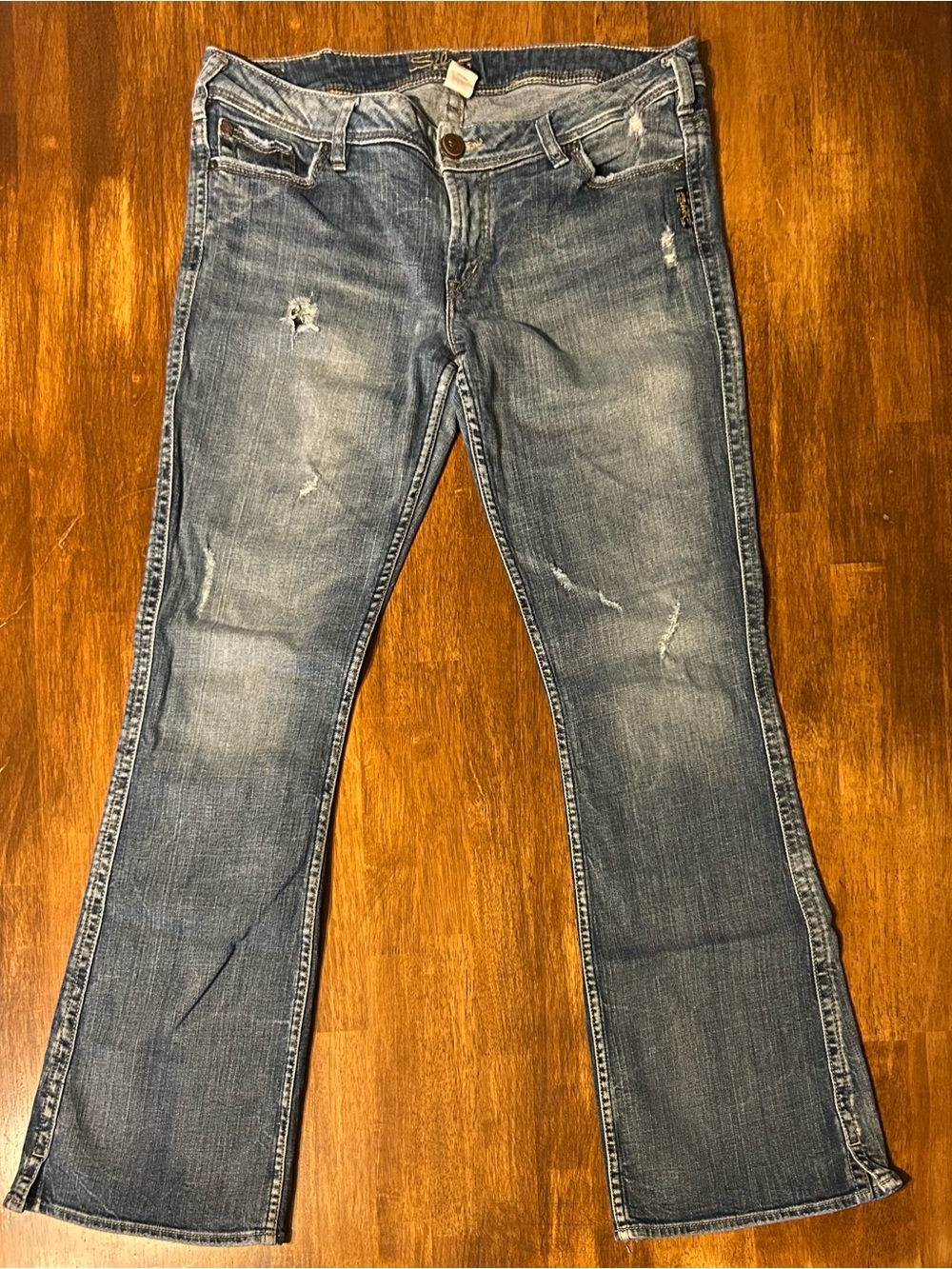 Silver Jeans Medium Blue Distressed Flare Jeans